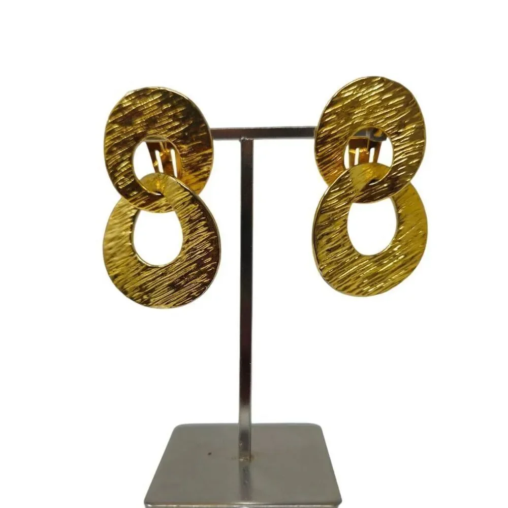 Vintage KJL Gold-Tone Textured Double Circle Clip-On Earrings | Boho Style | 2" - Picture 2 of 9